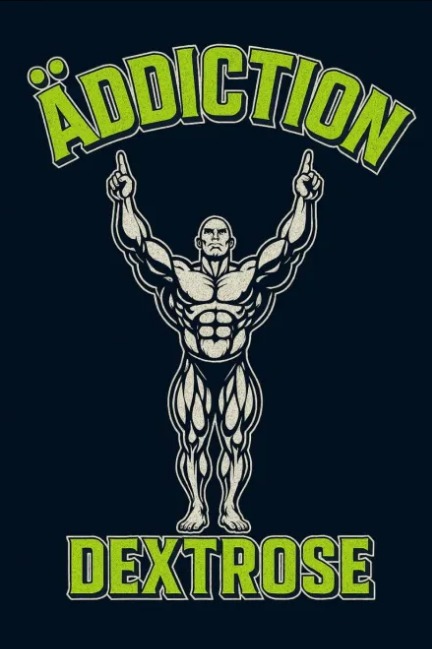 Äddiction Dextrose label artwork: an anatomical bodybuilder with both arms raised, green lettering on dark navy