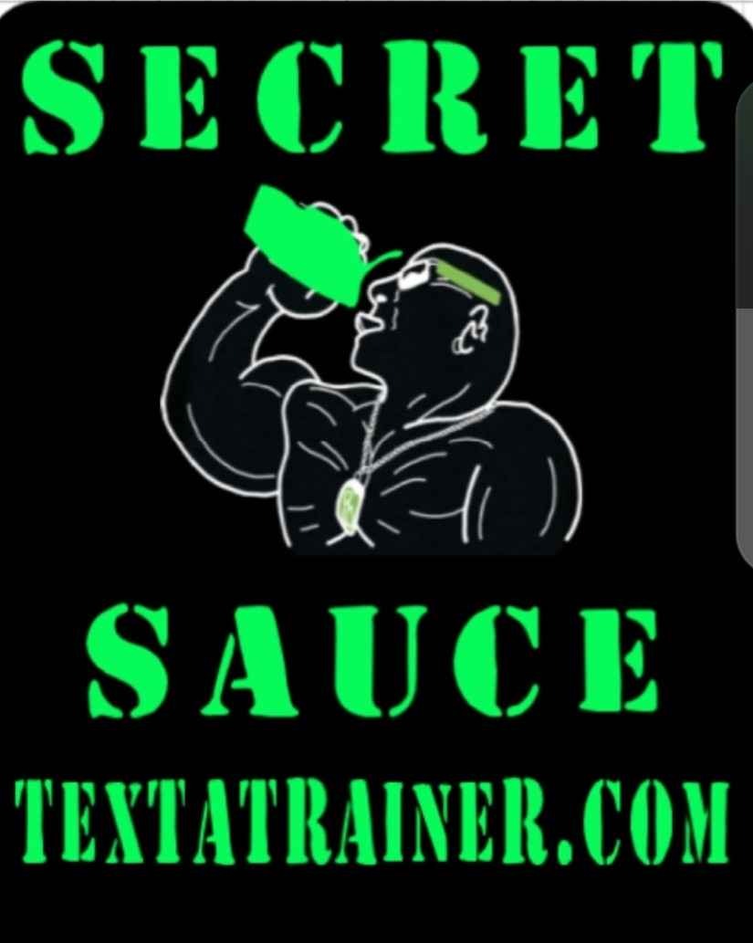Secret Sauce label artwork: neon green stencil lettering over a line-drawn bodybuilder on black