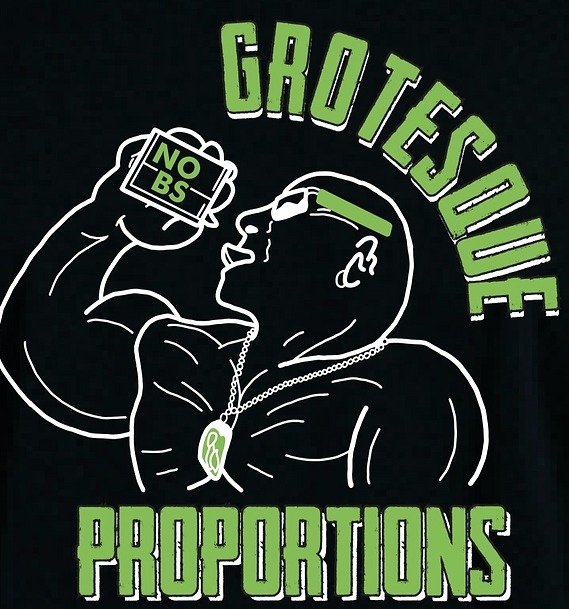 Grotesque Proportions t-shirt: a green and white bodybuilder graphic printed on a black tee